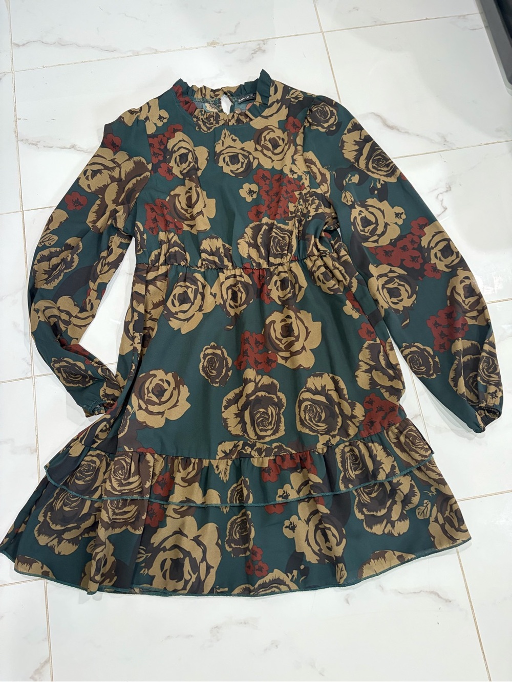 Green Floral Ruffle Hem Long Sleeve Dress
